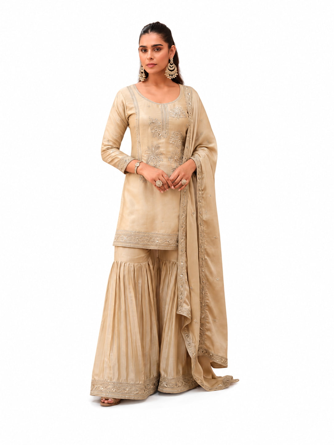 Champagne Beige Glass Satin Sharara Suit
