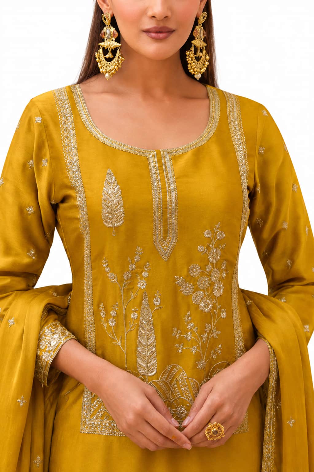 Mustard Yellow Glass Satin Sharara Suit