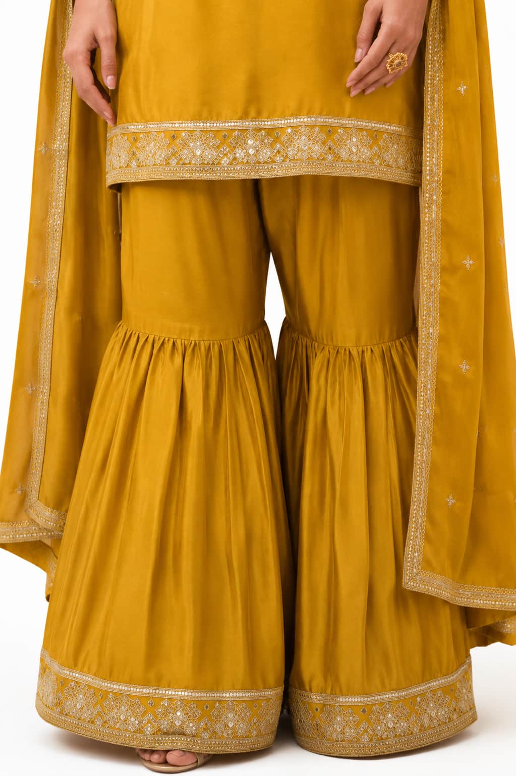 Mustard Yellow Glass Satin Sharara Suit