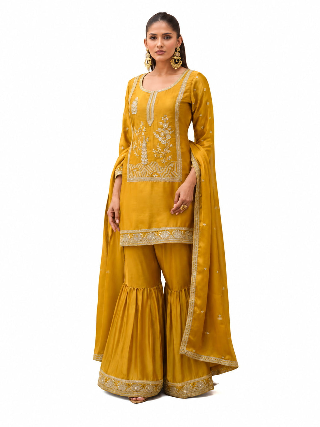 Mustard Yellow Glass Satin Sharara Suit