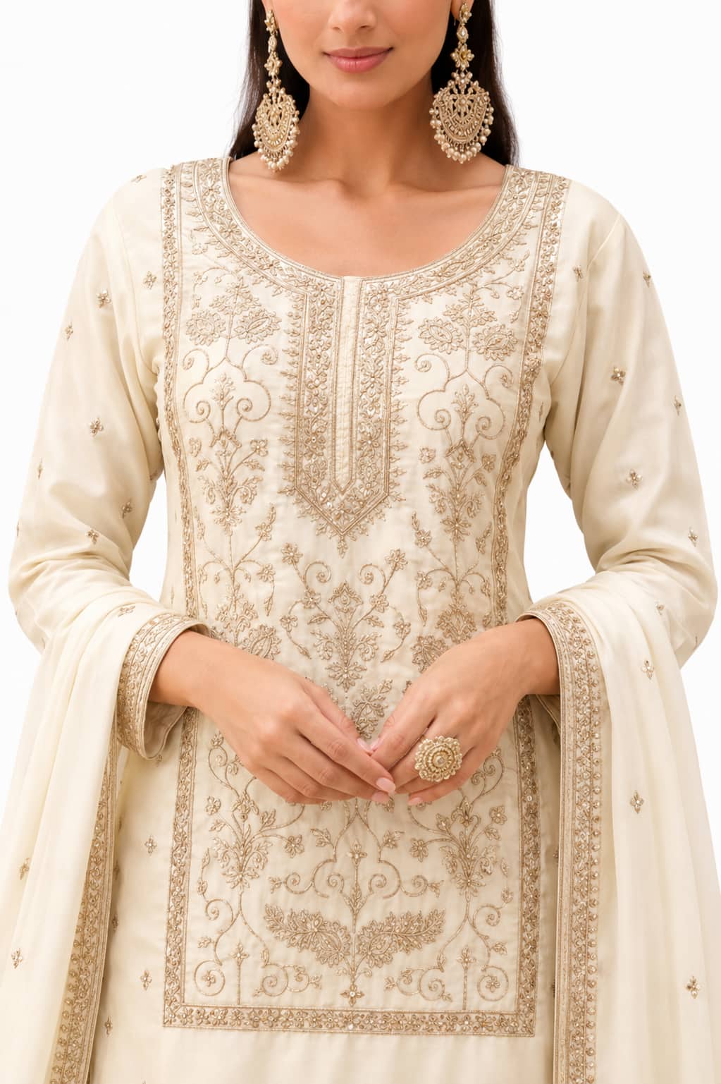 Ivory Glass Satin Embroidered Sharara Suit