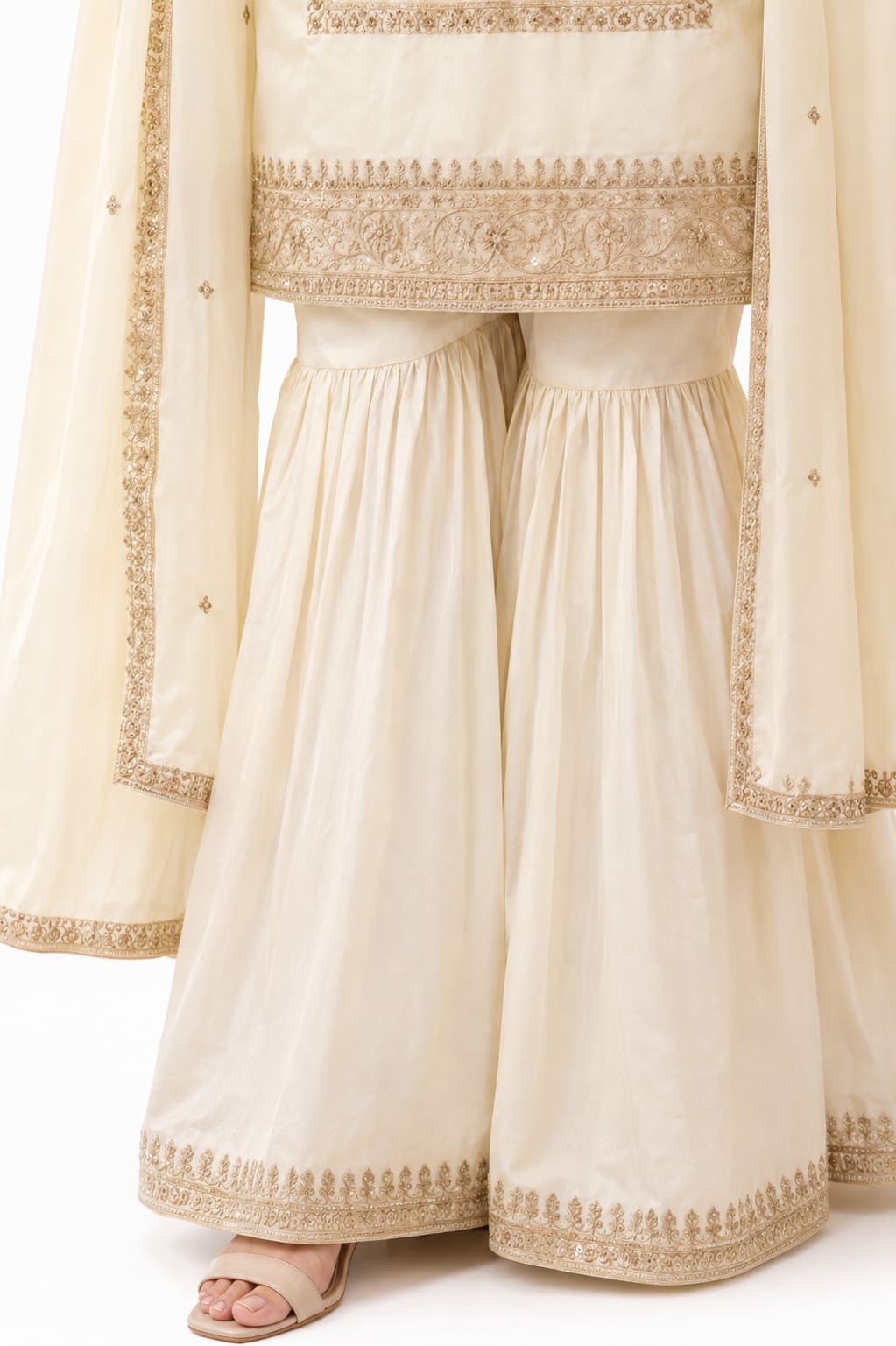 Ivory Glass Satin Embroidered Sharara Suit