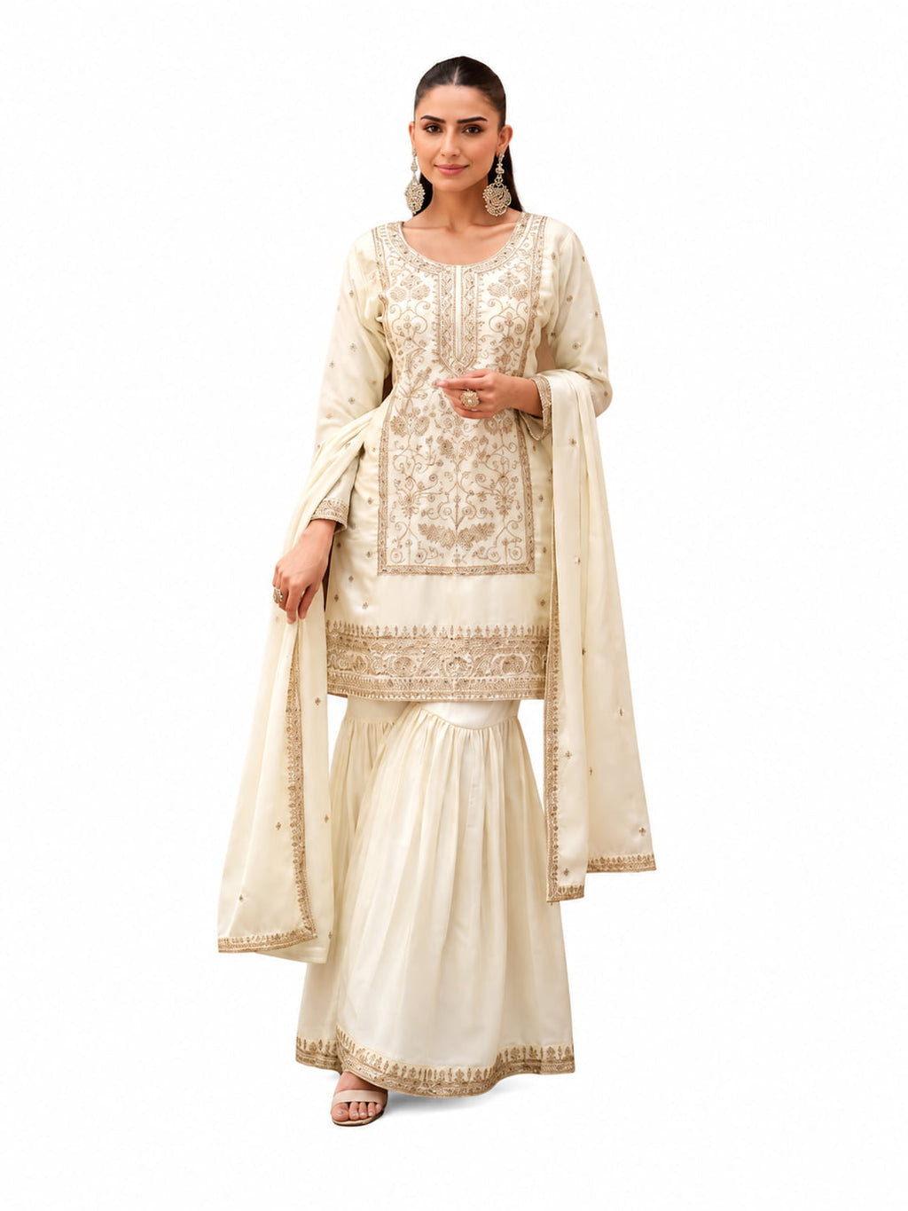 Ivory Glass Satin Embroidered Sharara Suit