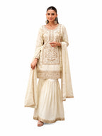 Ivory Glass Satin Embroidered Sharara Suit