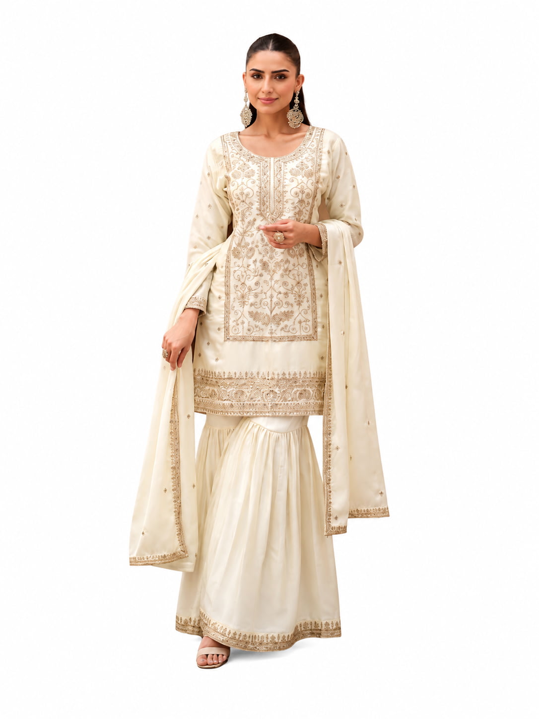 Ivory Glass Satin Embroidered Sharara Suit