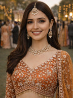Intricate Hand Work and Stone Work on Rust Orange Net Lehenga - close-up view
