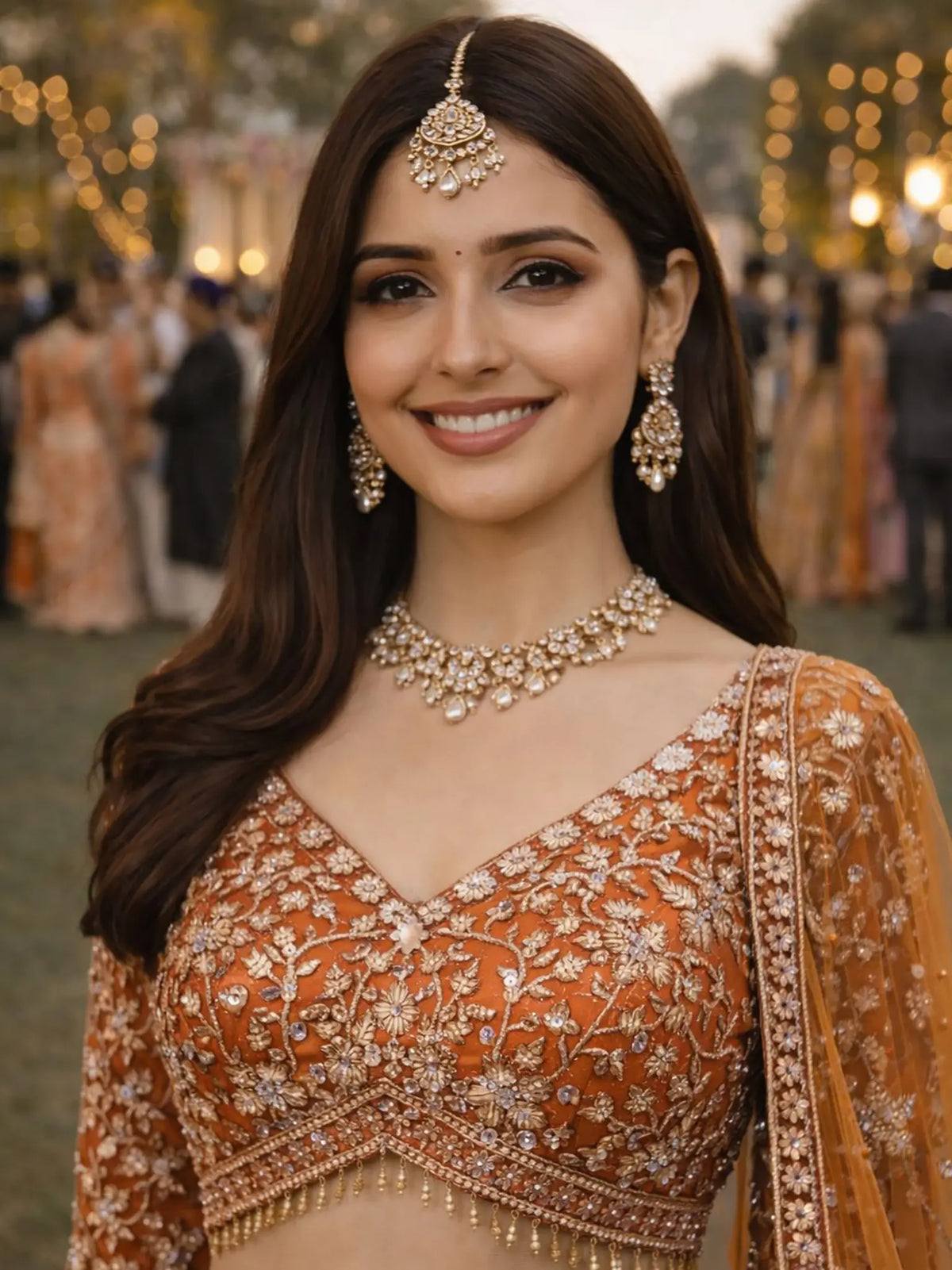 Intricate Hand Work and Stone Work on Rust Orange Net Lehenga - close-up view