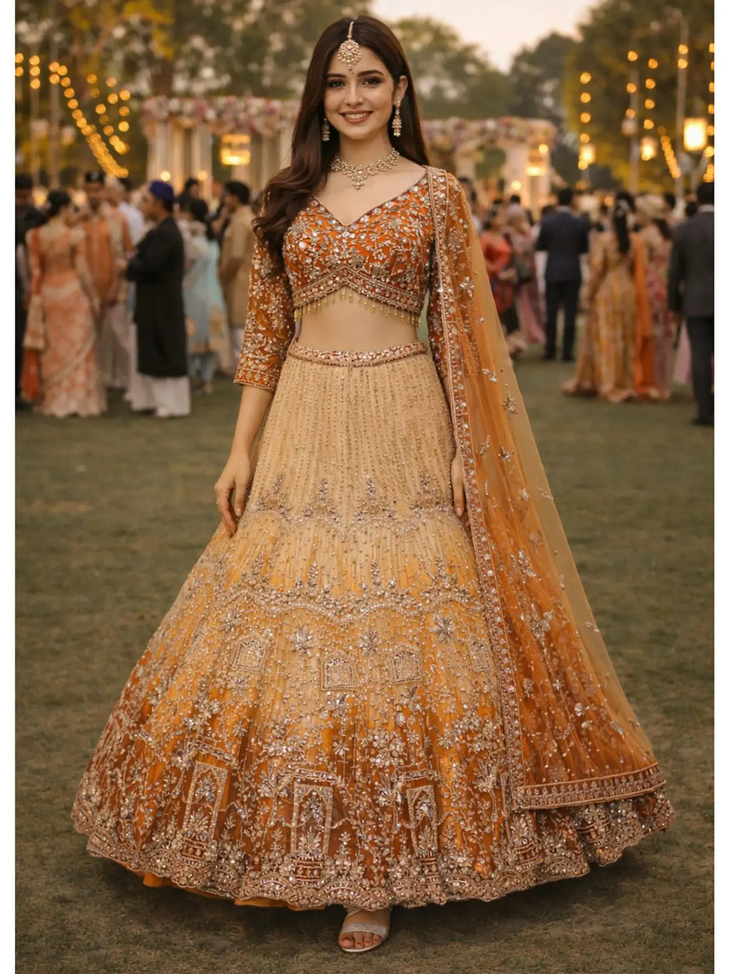 Rust Orange Net Lehenga Choli front drape view - Naksh Creation