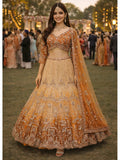 Rust Orange Net Lehenga Choli front drape view - Naksh Creation