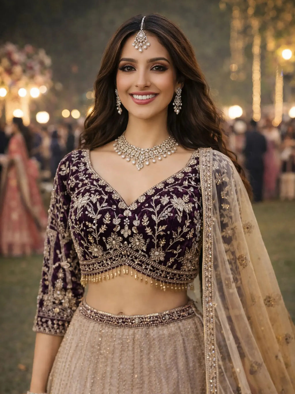 Intricate Hand Work and Stone Work on Wine Burgundy Net Lehenga - close-up view