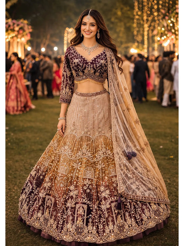 Wine Burgundy Net Lehenga Set front drape view - Naksh Creation