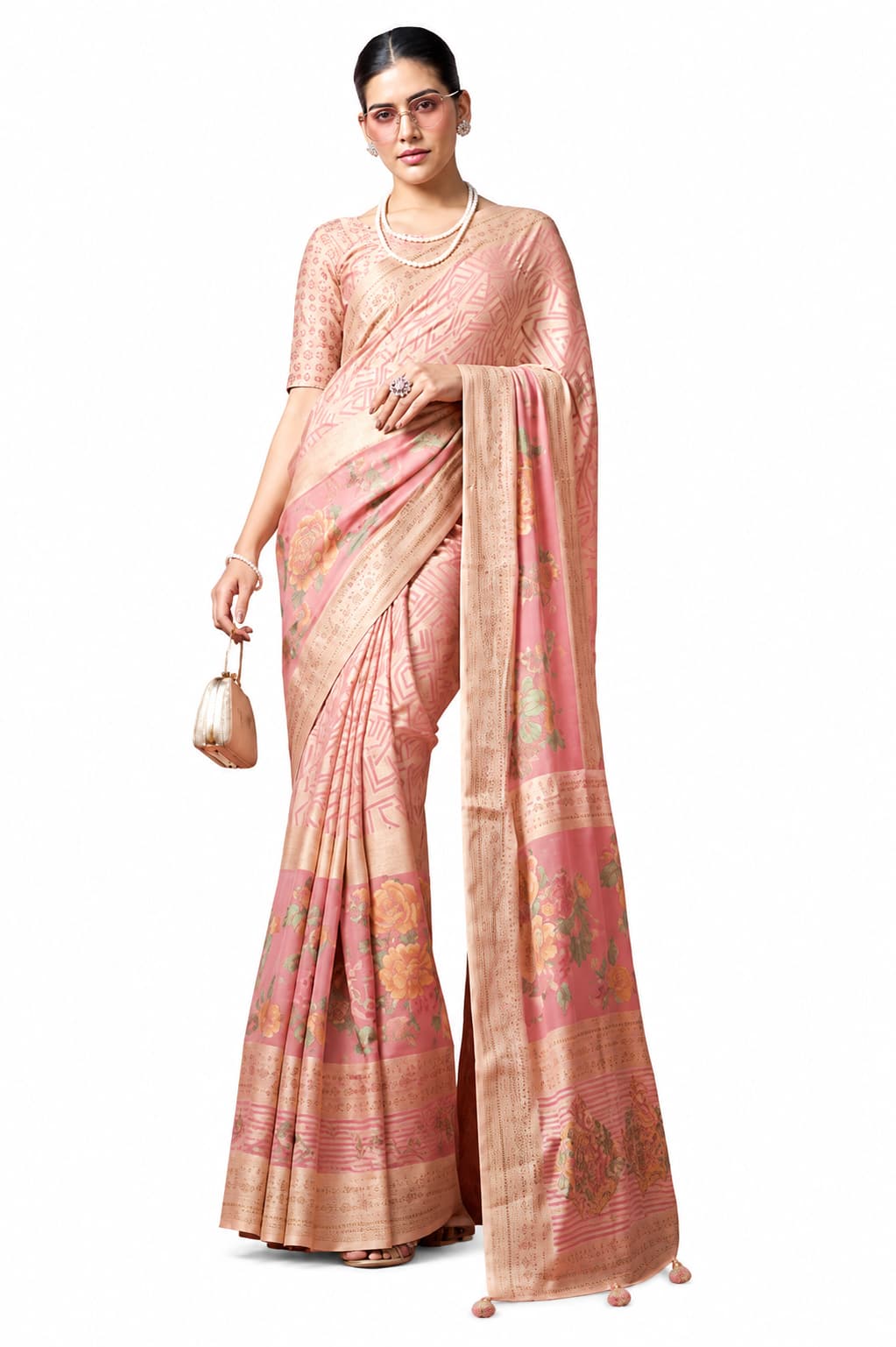 Peach Pink Luxury PV Georgette Burnout Party Wear Saree
