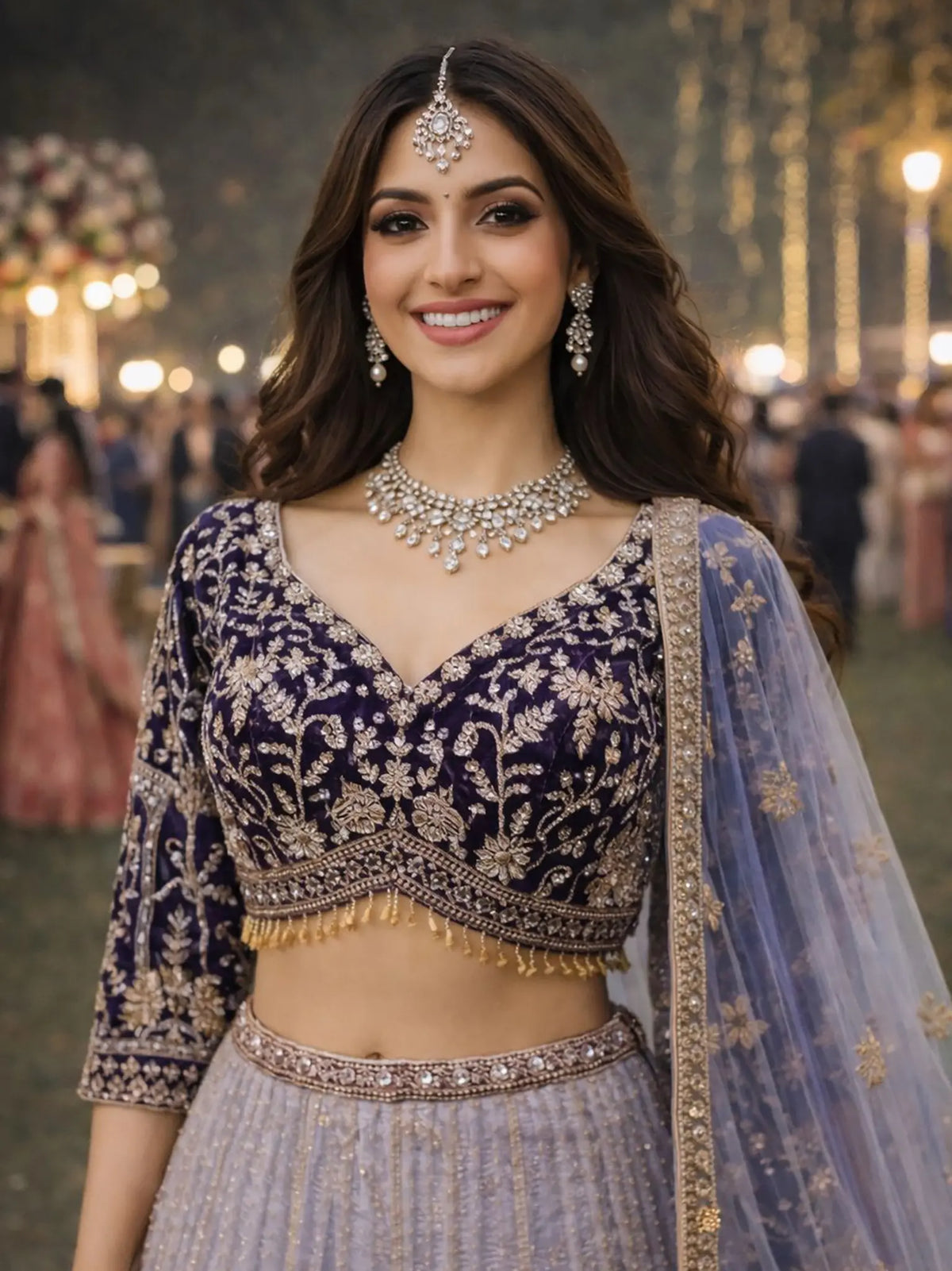 Intricate Hand Work and Stone Work on Midnight Blue Net Lehenga - close-up view