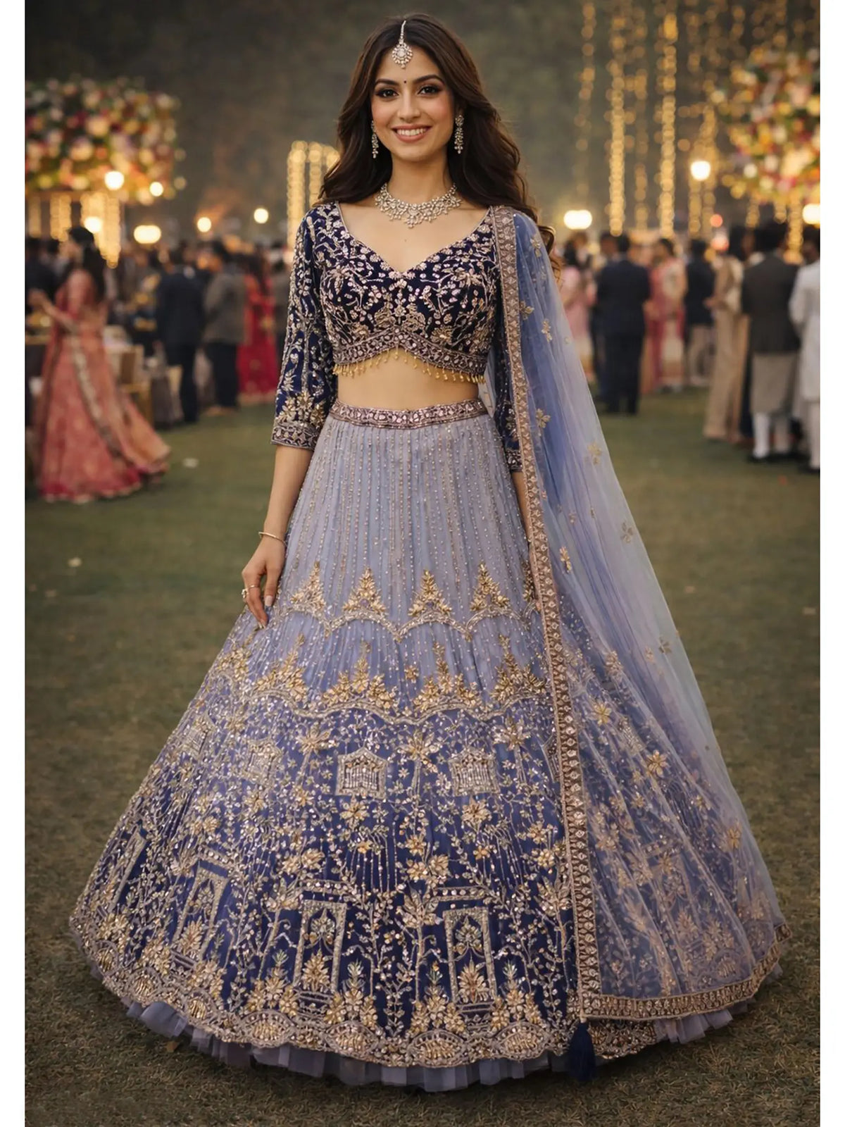 Midnight Blue Net Lehenga Set front drape view - Naksh Creation
