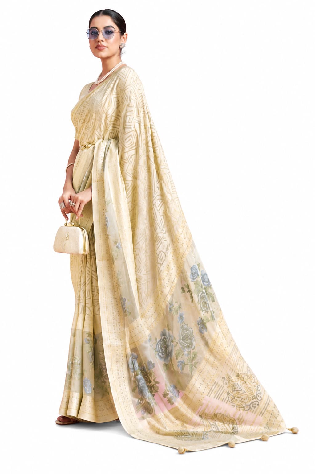 Beige Cream Luxury PV Georgette Burnout Party Wear Saree