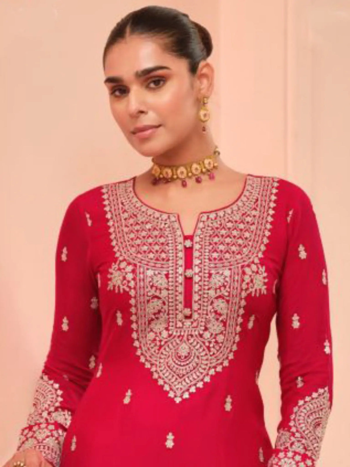 Ruby Pink Chinon Silk Embroidered Neckline and Sleeve Detail View