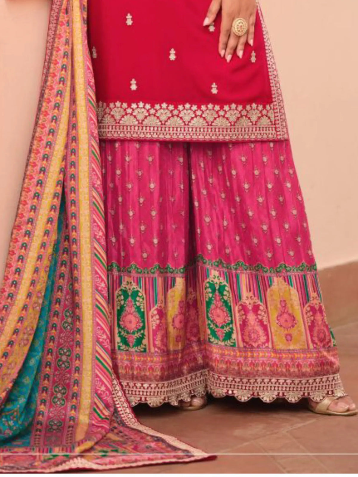 Ruby Pink Flared Sharara Palazzo Tier and Kalamkari Printed Dupatta Close Up