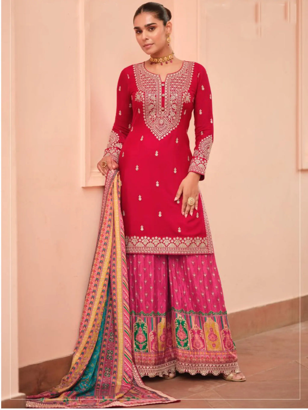 Ruby Pink Embroidered Chinon Silk Sharara Palazzo Suit Set Full Front View