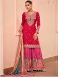 Ruby Pink Embroidered Chinon Silk Sharara Palazzo Suit Set Full Front View