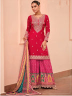 Ruby Pink Embroidered Chinon Silk Sharara Palazzo Suit Set Full Front View