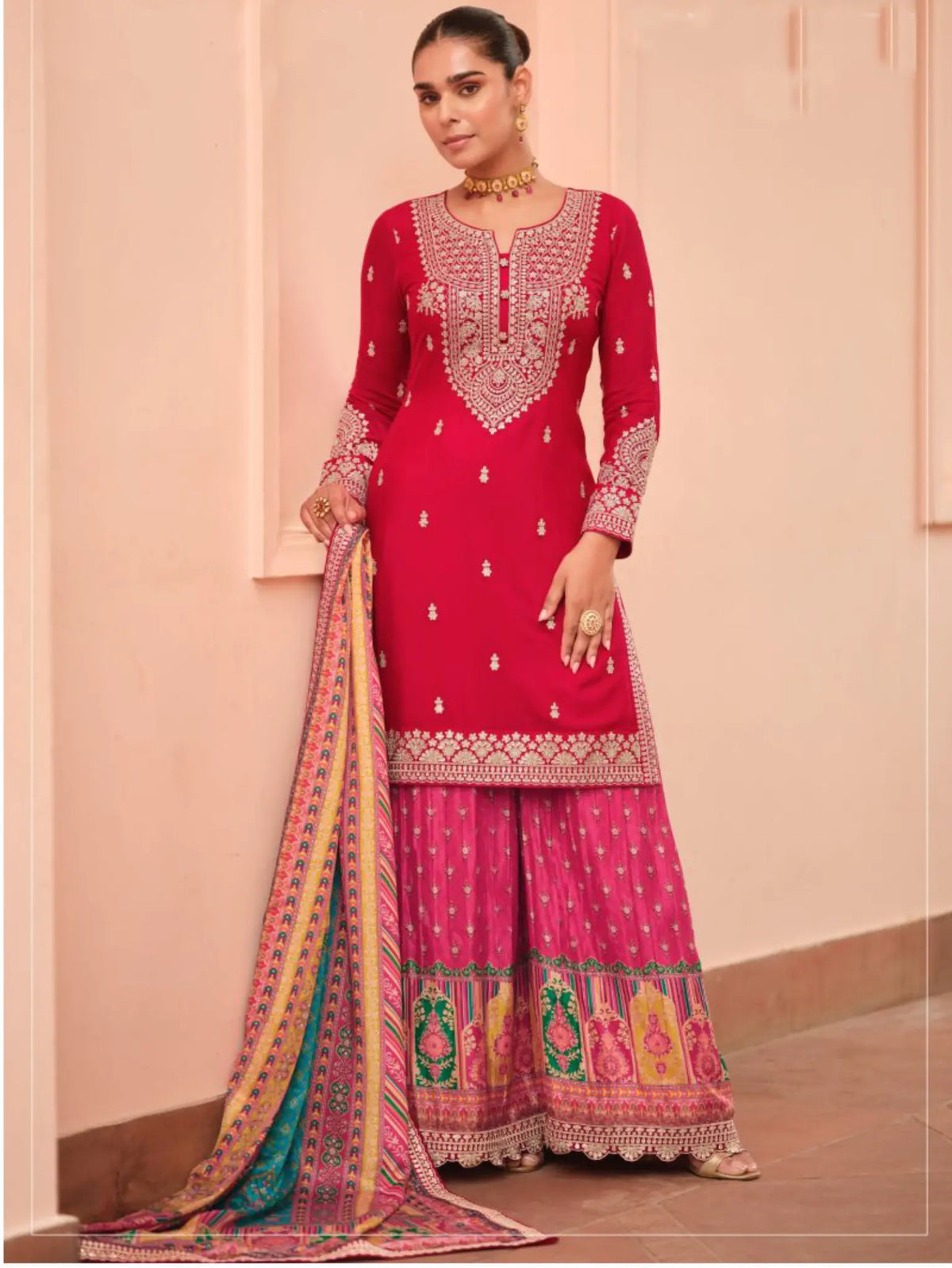 Ruby Pink Embroidered Chinon Silk Sharara Palazzo Suit Set Full Front View