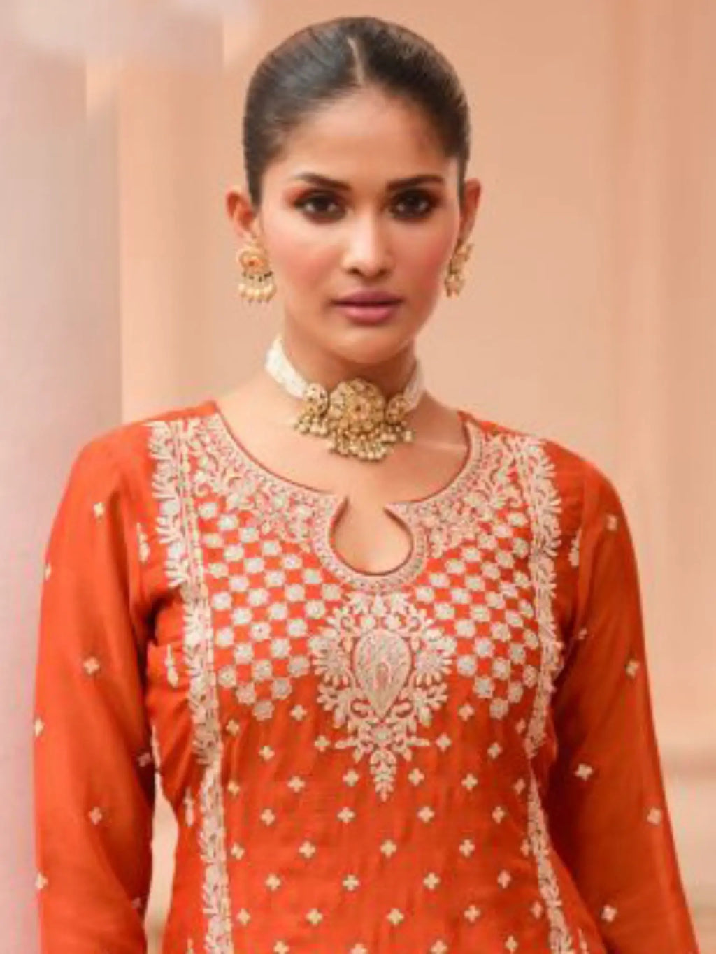 Rust Orange Chinon Silk Keyhole Neckline and Fine Floral Embroidery Detail