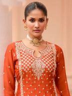 Rust Orange Chinon Silk Keyhole Neckline and Fine Floral Embroidery Detail