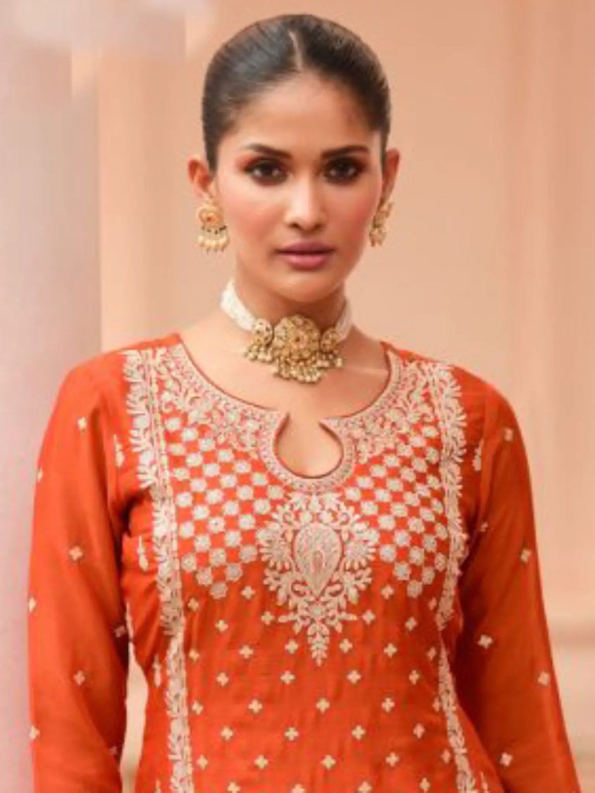 Rust Orange Chinon Silk Keyhole Neckline and Fine Floral Embroidery Detail