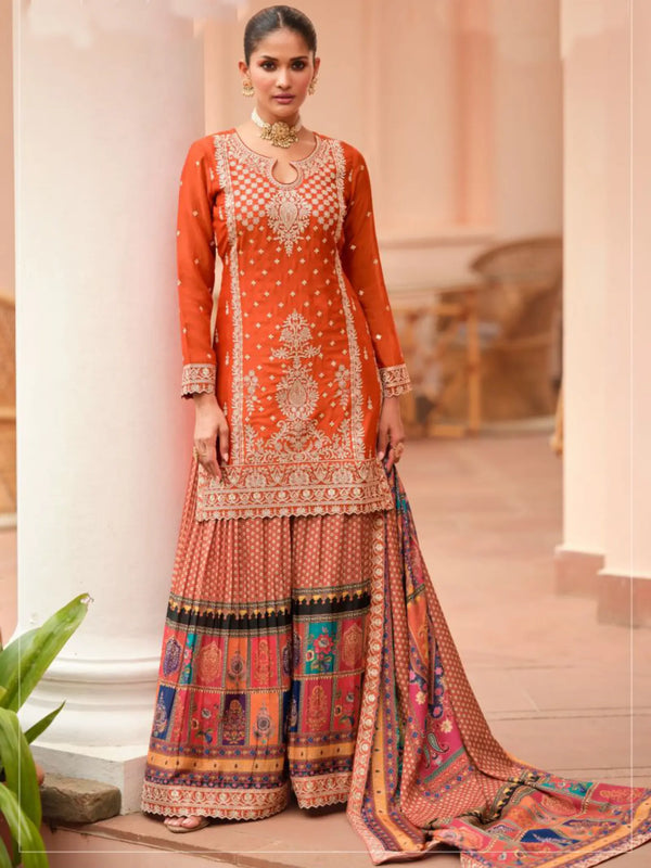 Rust Orange Embroidered Chinon Silk Sharara Palazzo Suit Set Full Front View