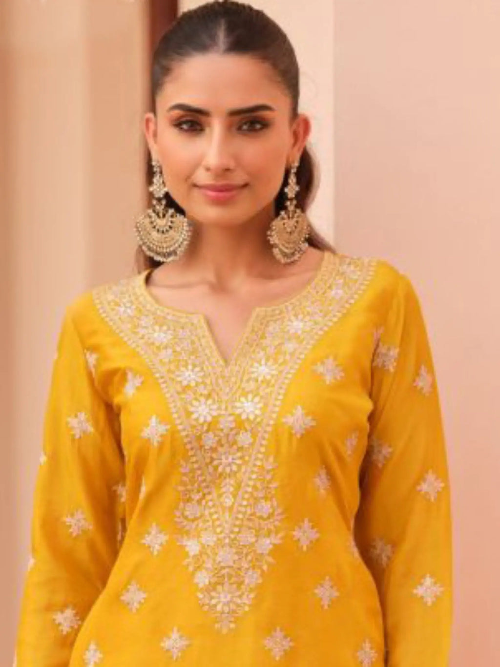 Mustard Yellow Chinon Silk V-Neck Floral Zari Embroidery Detail