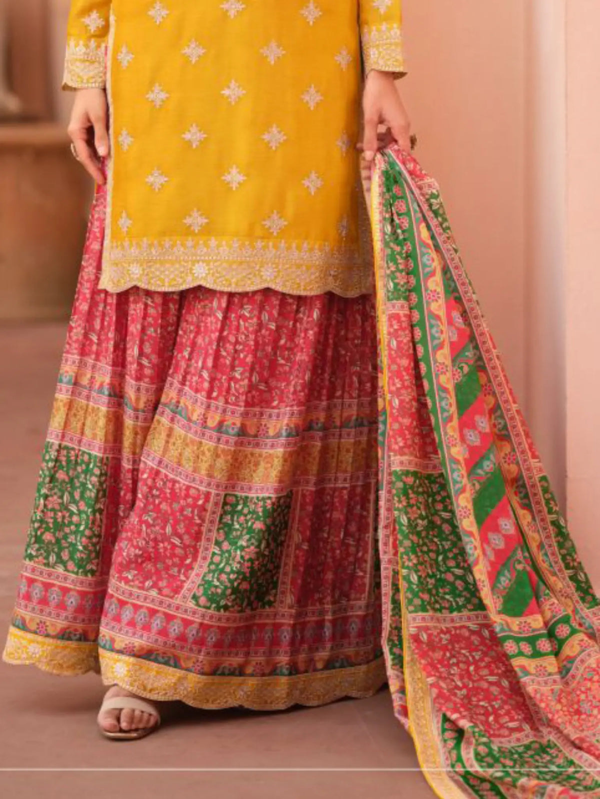 Mustard Yellow Floral Printed Tiered Sharara Palazzo and Printed Dupatta Close Up