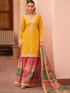 Mustard Yellow Embroidered Chinon Silk Sharara Palazzo Suit Set Full Front View