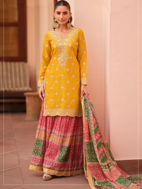 Mustard Yellow Embroidered Chinon Silk Sharara Palazzo Suit Set Full Front View