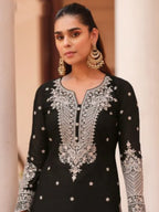 Jet Black Chinon Silk Contrast Silver Zari Embroidery and Sleeve Detail View