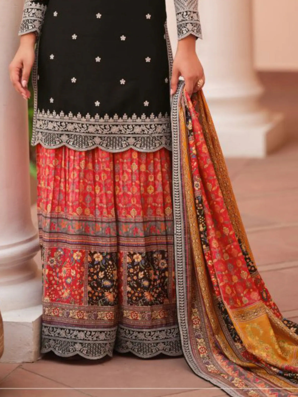 Jet Black Tiered Printed Sharara Palazzo and Rich Printed Dupatta Close Up