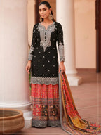 Jet Black Embroidered Chinon Silk Sharara Palazzo Suit Set Full Front View