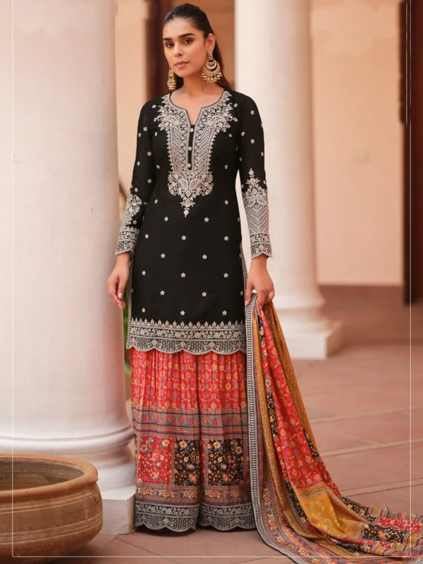 Jet Black Embroidered Chinon Silk Sharara Palazzo Suit Set Full Front View