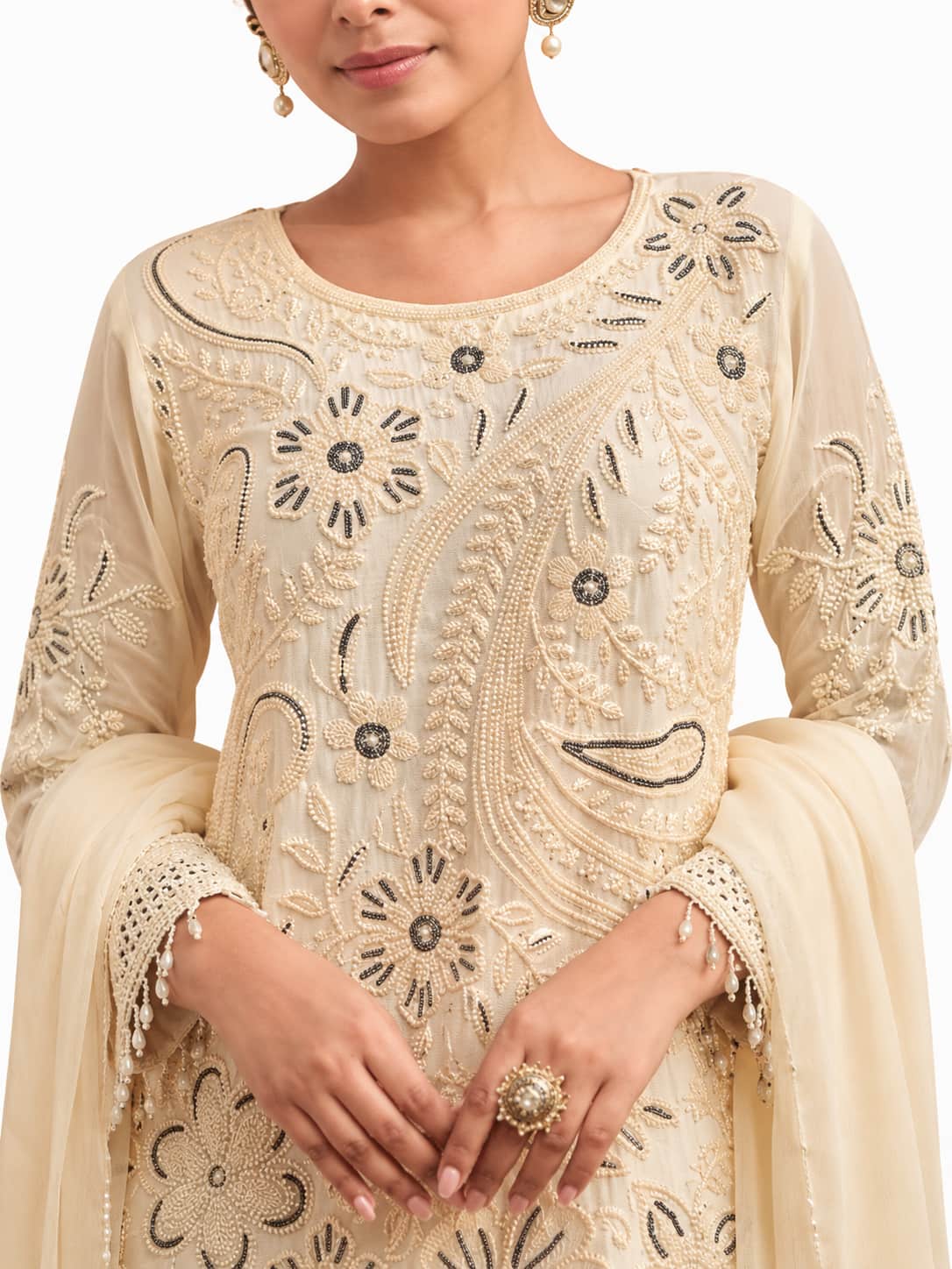 Champagne Cream Embroidered Georgette Neckline and Pearl Fringe Detail