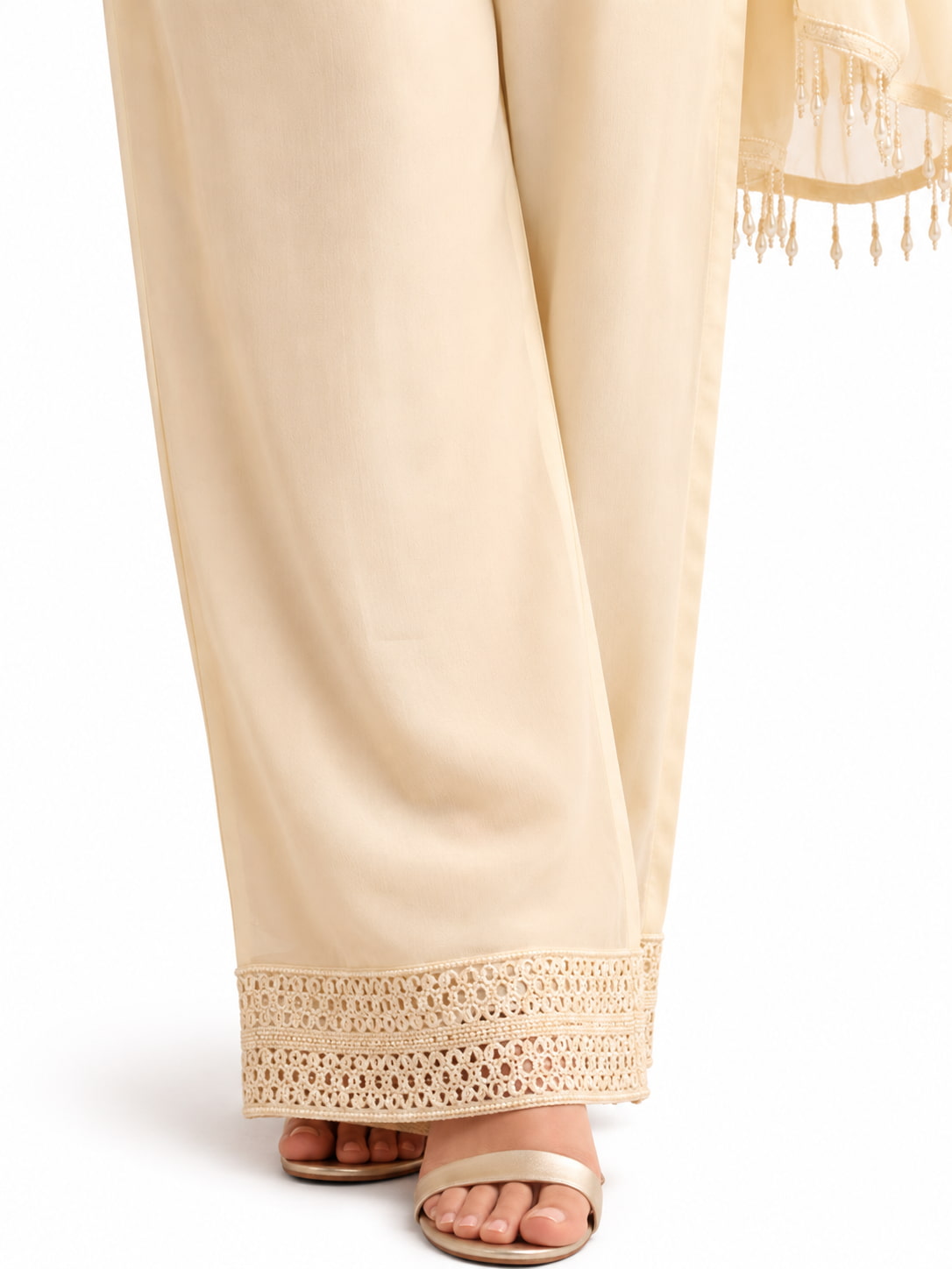 Champagne Cream Georgette Palazzo Pants Hem and Dupatta Drape Detail