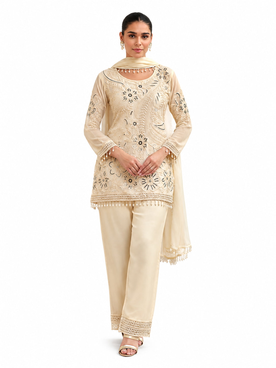 Champagne Cream Embroidered Real Georgette Palazzo Suit Set Full Front View