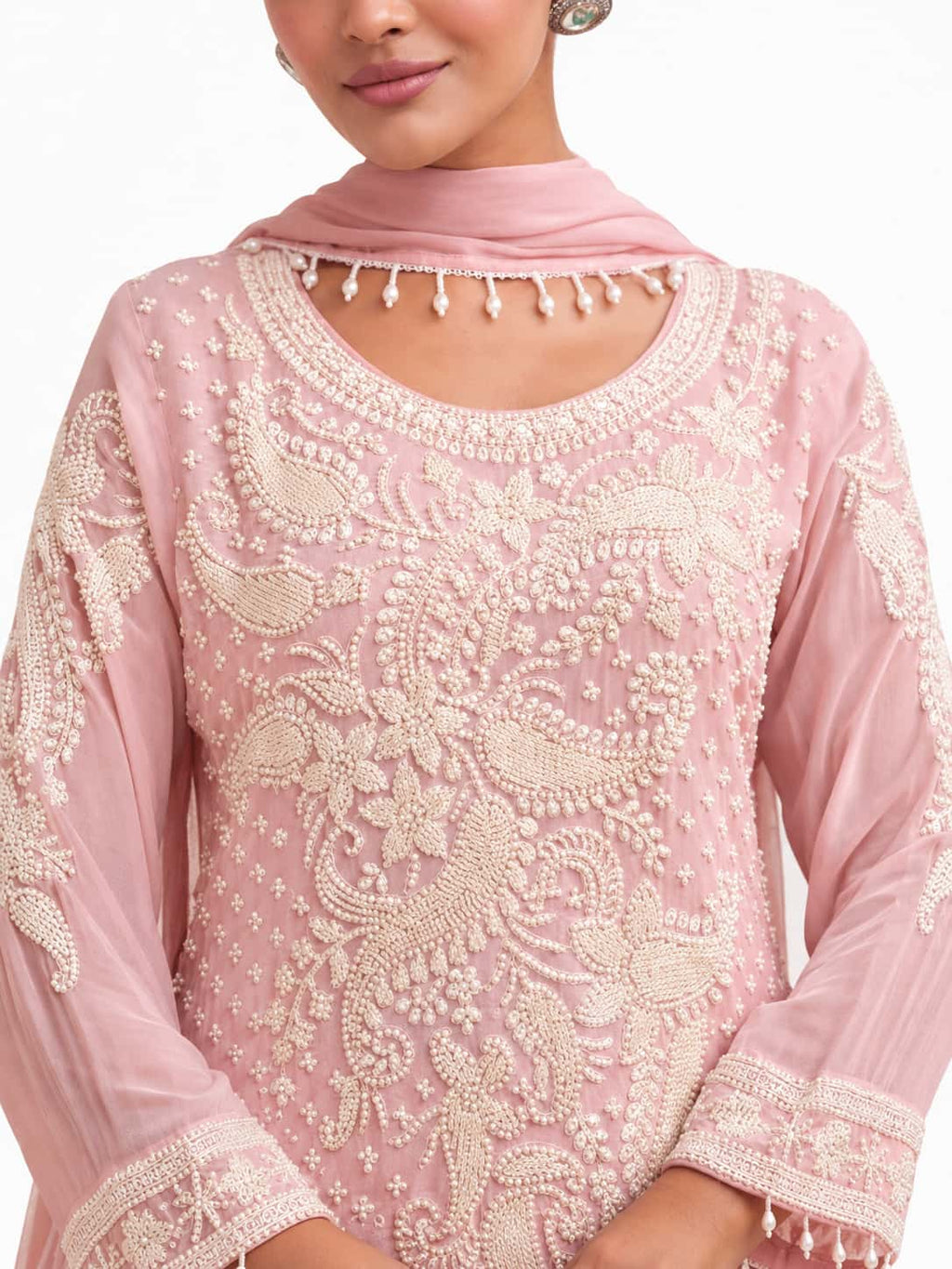 Blush Pink Embroidered Georgette Neckline and Ivory Resham Work Detail