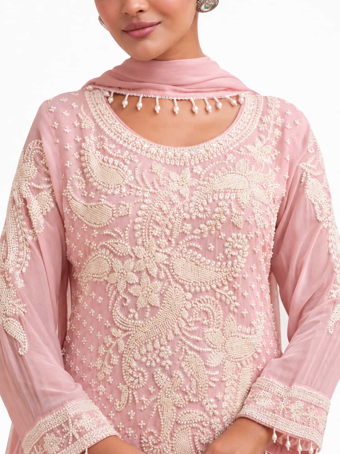 Blush Pink Embroidered Georgette Neckline and Ivory Resham Work Detail