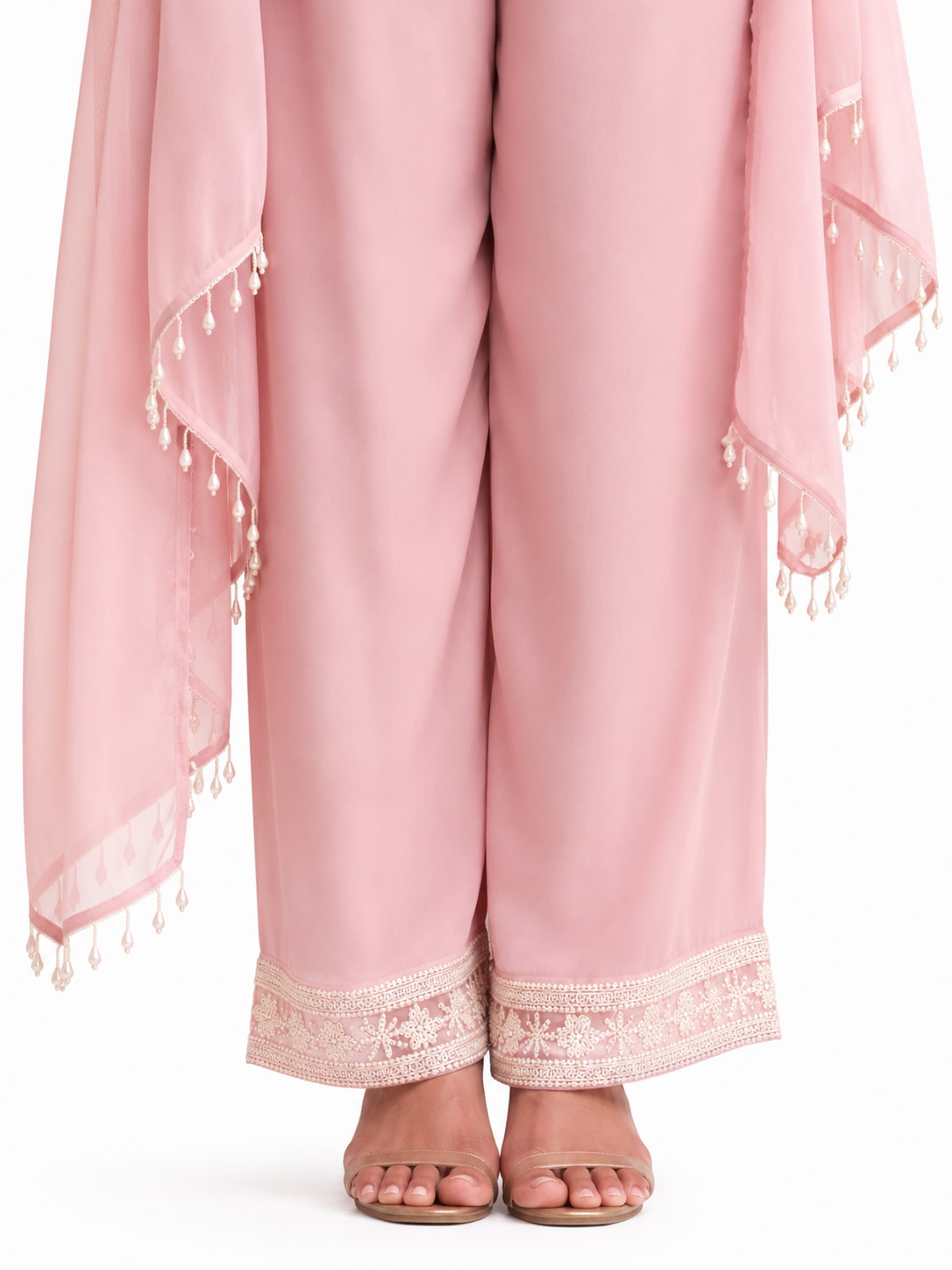 Blush Pink Georgette Palazzo Pants Hem and Pearl Tassel Dupatta Detail