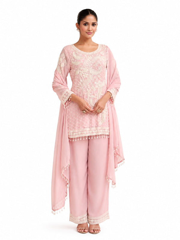 Blush Pink Embroidered Real Georgette Palazzo Suit Set Full Front View