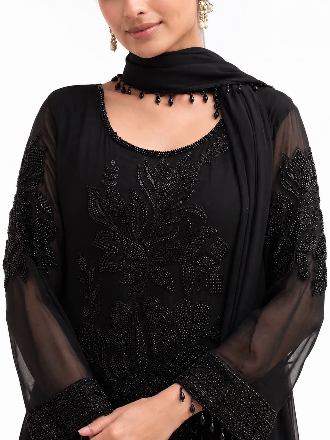 Midnight Black Embroidered Georgette Tunic Neckline and Needlework Detail