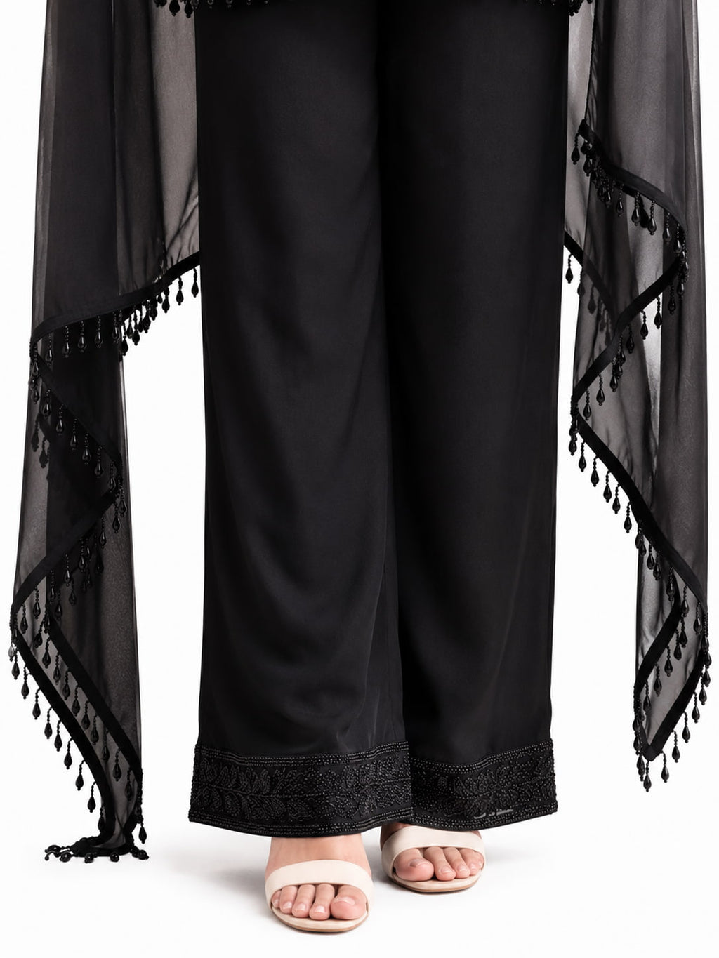 Midnight Black Georgette Palazzo Pants and Beaded Fringe Tassel Detail