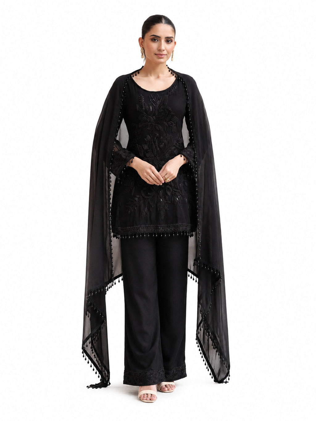 Midnight Black Embroidered Real Georgette Palazzo Suit Set Full Front View