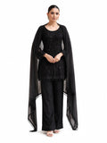 Midnight Black Embroidered Real Georgette Palazzo Suit Set Full Front View