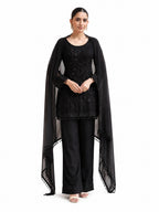 Midnight Black Embroidered Real Georgette Palazzo Suit Set Full Front View