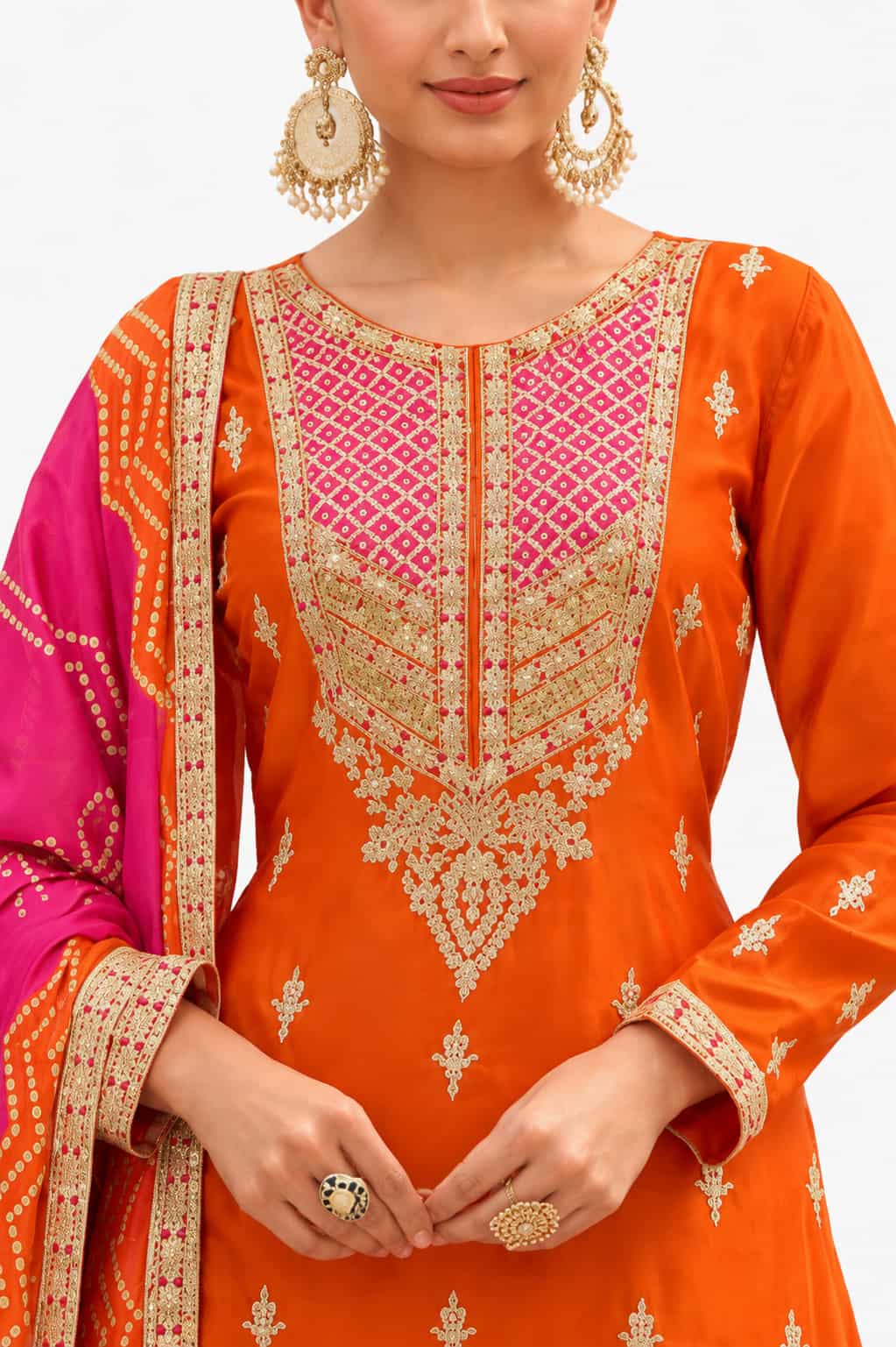 Bright Orange Chinon Embroidered Sharara Suit